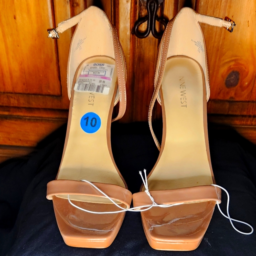 New Nine West Brown-Nude 4.5 inch Strappy Patent Leather Heels